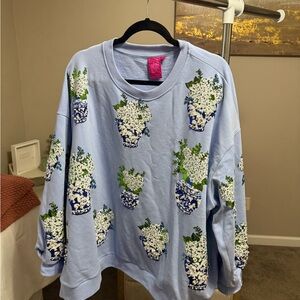QUEEN OF SPARKLES Blue Floral Sweater